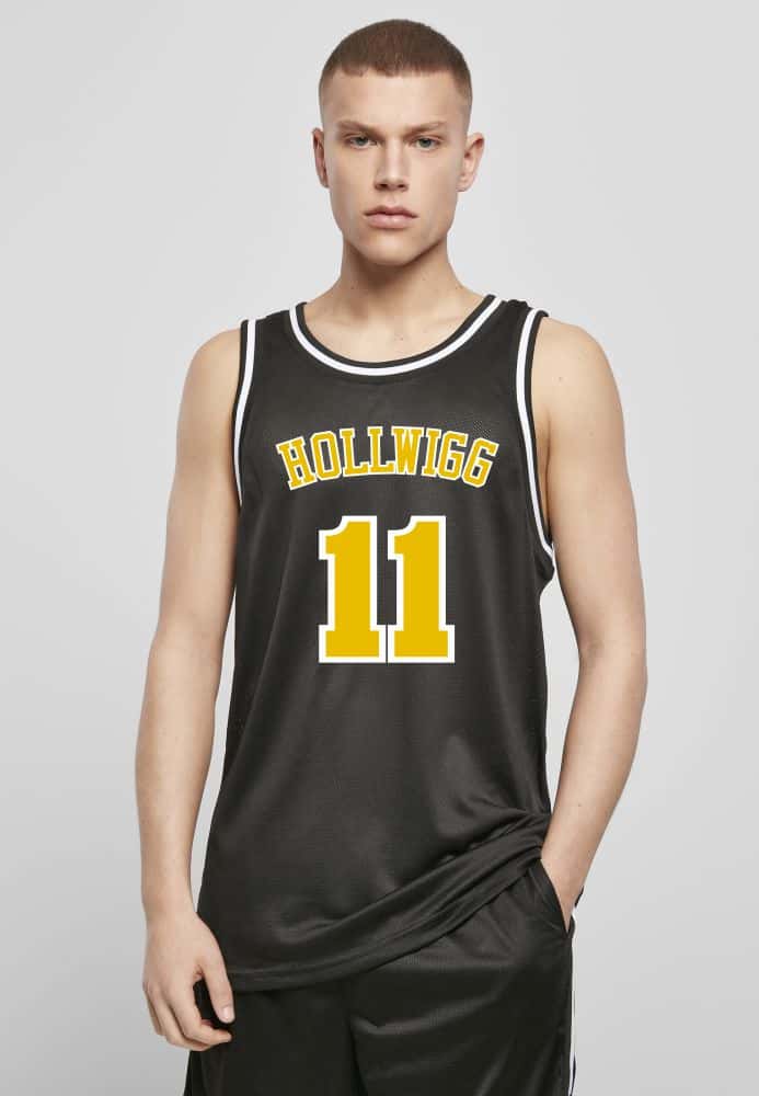 Schmölzje Trikot mit Nummer 11, schwarzes Basketballshirt mit gelben Akzenten.