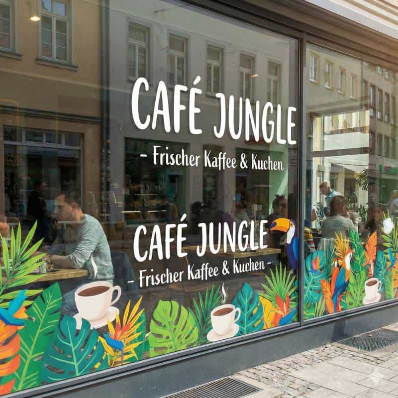 Schaufensterbeklebung des 'Café Jungle' mit tropischen Motiven, Vögeln und weißem Schriftzug auf Glas