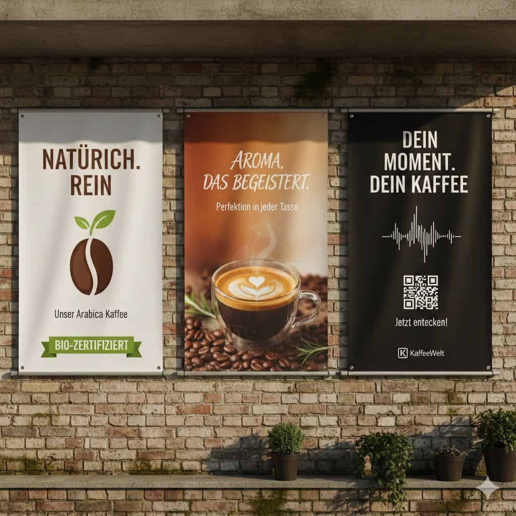 Werbeplanen für Kaffee mit nachhaltigem und aromatischem Design.